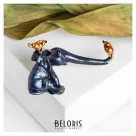 Брошь "Слон" с птичками, цвет сине-оранжевый в серебре