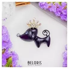 Брошь "Собачка" с короной, цвет чёрный