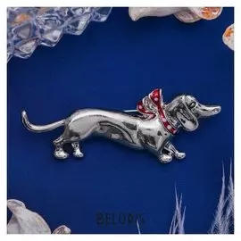 Брошь "Собака" такса с бантом, цвет красный в серебре