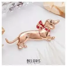 Брошь "Собака" такса с бантом, цвет красный в золоте