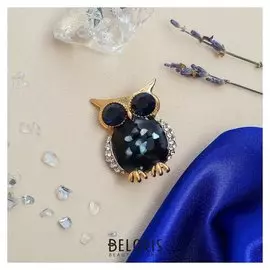 Брошь "Сова" блестящая, цвет черный в золоте