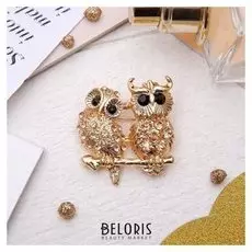 Брошь "Сова и филин", цвет золотисто-чёрный в золоте