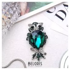 Брошь "Сова" императорская, цвет изумрудный в серебре