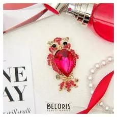 Брошь "Сова" императорская, цвет красный в золоте