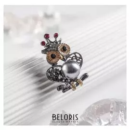 Брошь "Сова" королева, цветная в сером металле