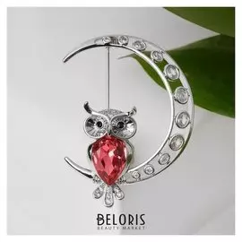 Брошь "Сова" на полумесяце, цвет бело-розовый в серебре