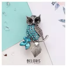 Брошь "Сова на ветке", цвет голубой в чернёном серебре
