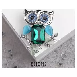 Брошь "Сова ночная", цвет сине-зеленый в серебре