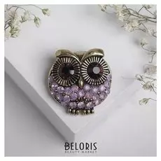 Брошь "Сова" пучеглазая, цвет розовый в чернёном золоте