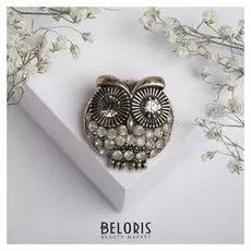 Брошь "Сова" пучеглазая, цвет серый в чернёном золоте