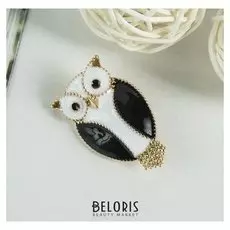 Брошь "Сова" свадьба, жених, цвет черно-белый в золоте