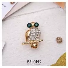 Брошь "Совушка" цвет бело-изумрудный в золоте