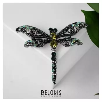 Брошь "Стрекоза" ажурная, цвет чёрно-зелёный в чернёном серебре