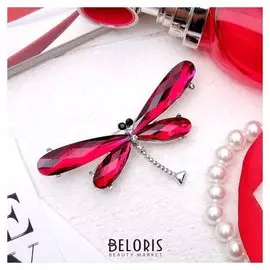 Брошь "Стрекоза", граненые крылья, цвет красный серебре