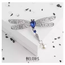 Брошь "Стрекоза" хвостик подвижный, цвет бело-синий в серебре