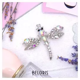 Брошь "Стрекоза инкрустированная", цвет радужный в серебре