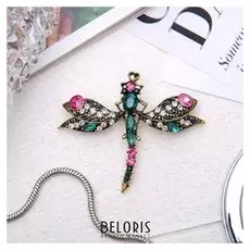 Брошь "Стрекоза инкрустированная", цветная в черненом золоте