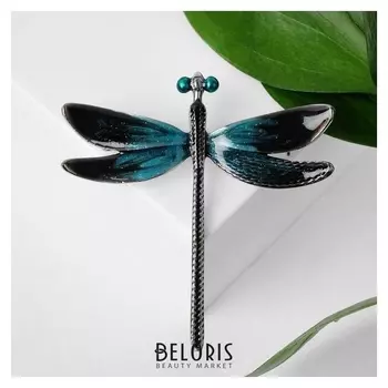 Брошь "Стрекоза" ночная, цвет зелёно-голубой в чернёном серебре