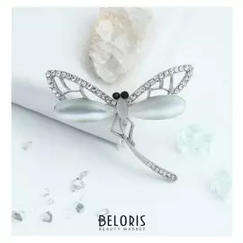 Брошь "Стрекоза" порхающая, цвет белый в серебре