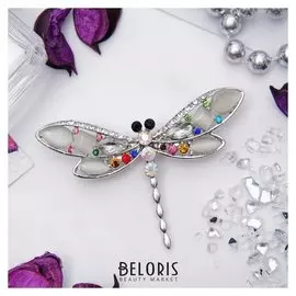 Брошь "Стрекоза" утренняя, цветная в серебре