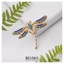 Брошь "Стрекоза" в росе, цветная в золоте
