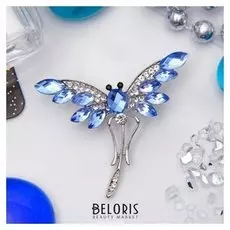 Брошь "Стрекозка" с хвостиком, цвет бело-голубой в серебре