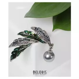 Брошь "Веер листьев" с бусиной, цвет серо-зелёный в серебре