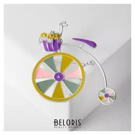 Брошь "Велосипед" с цветочной корзинкой, цветная в серебре