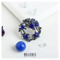 Брошь "Венок", цвет синий в чернёном серебре