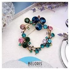 Брошь "Венок" инкрустированный, цветная в черненом золоте