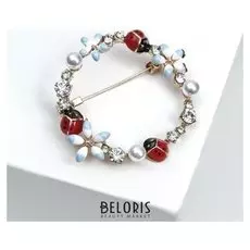 Брошь "Венок летний" с божьими коровками, цветная в серебре