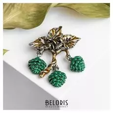 Брошь "Ветка" хмель, цвет коричнево-зелёный в чернёном серебре