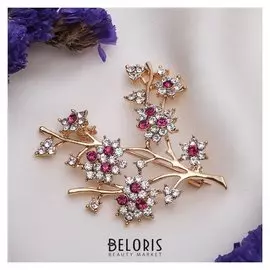 Брошь "Ветка терновника", цвет бело-малиновый в золоте