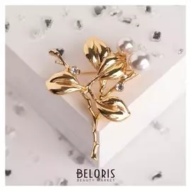 Брошь "Веточка", цвет белый в золоте