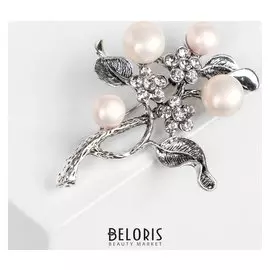 Брошь "Веточка" цветов с бусинами, цвет белый в чернёном серебре