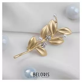 Брошь "Веточка" лиственная, цвет белый в матовом золоте