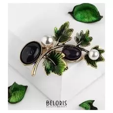 Брошь "Веточка" осени, цвет чёрно-зелёный в чернёном золоте