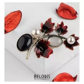 Брошь "Веточка" осени, цвет красно-чёрный в чернёном золоте