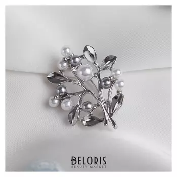 Брошь "Веточка" с бусинами, цвет бело-серый в серебре