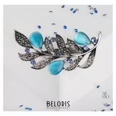 Брошь "Веточка с листочками", цвет голубой в чернёном серебре