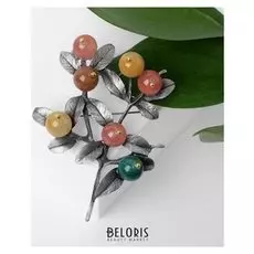 Брошь "Веточка" самоцветная, разноцветная в сером металле