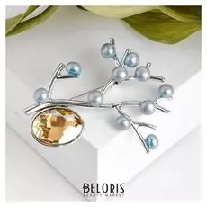 Брошь "Веточка жемчуга", цвет золотисто-голубой в серебре