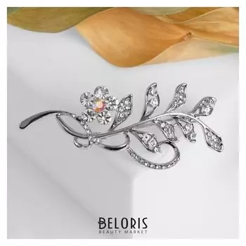 Брошь "Ветвь" с цветком, цвет белый в серебре