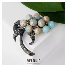 Брошь "Виноград" цветок амазонита, цвет голубой в сером металле