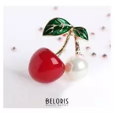 Брошь "Вишенка" с жемчужиной, цветная в золоте