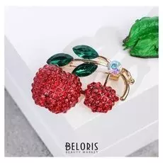 Брошь "Вишенки" малышки, цвет красно-зеленый в золоте