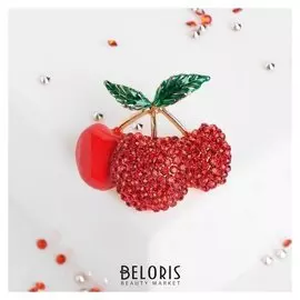 Брошь "Вишенки на веточке", цвет красно-зелёный в золоте