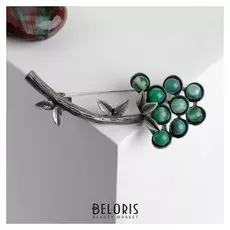 Брошь веточка кустовая "Агат зелёный" в серебре