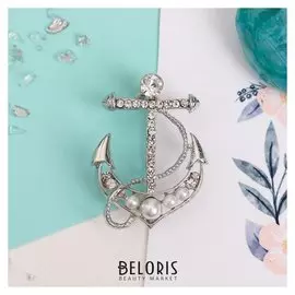 Брошь "Якорь" с бусинками, цвет белый в серебре