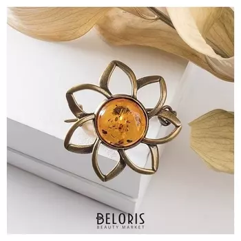 Брошь "Янтарь" подсолнух в бронзе, цвет коньячный